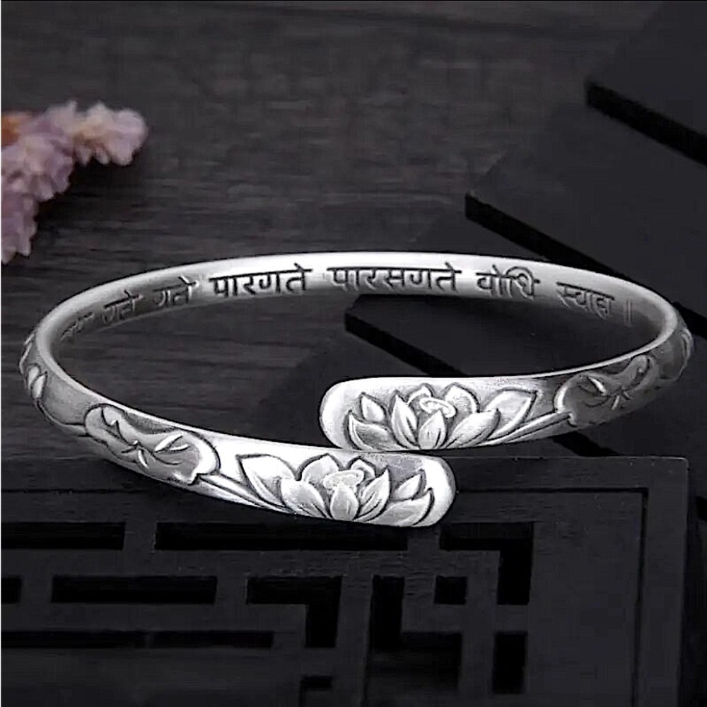 Sterling Silver Lotus Mantra Bangle Bracelet
